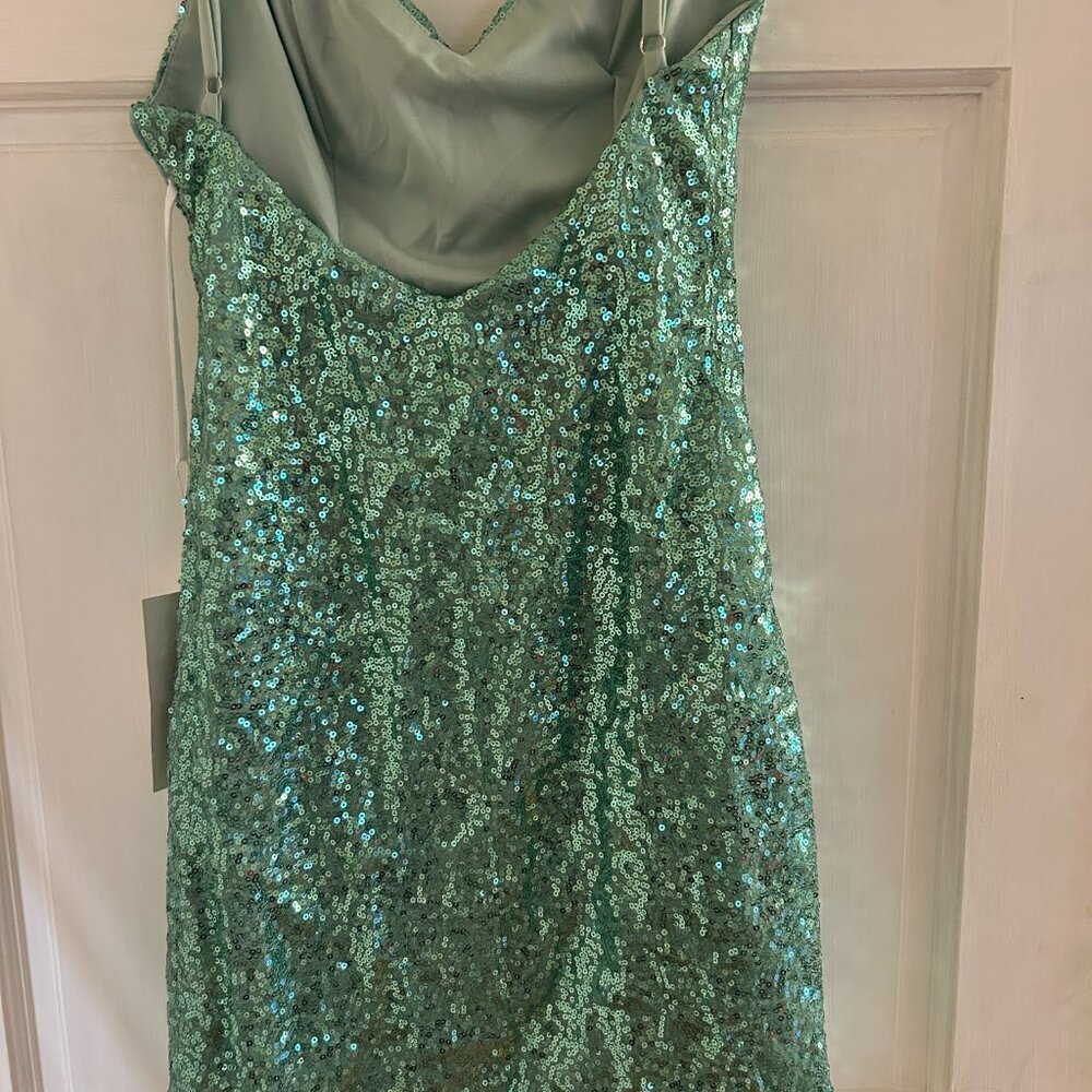 Sequin Spaghetti Strap Mini Dress in Aqua Mint Teal Homecoming - Picture 3 of 4